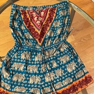 Angie Teal and Orange Elephant Pattern Romper